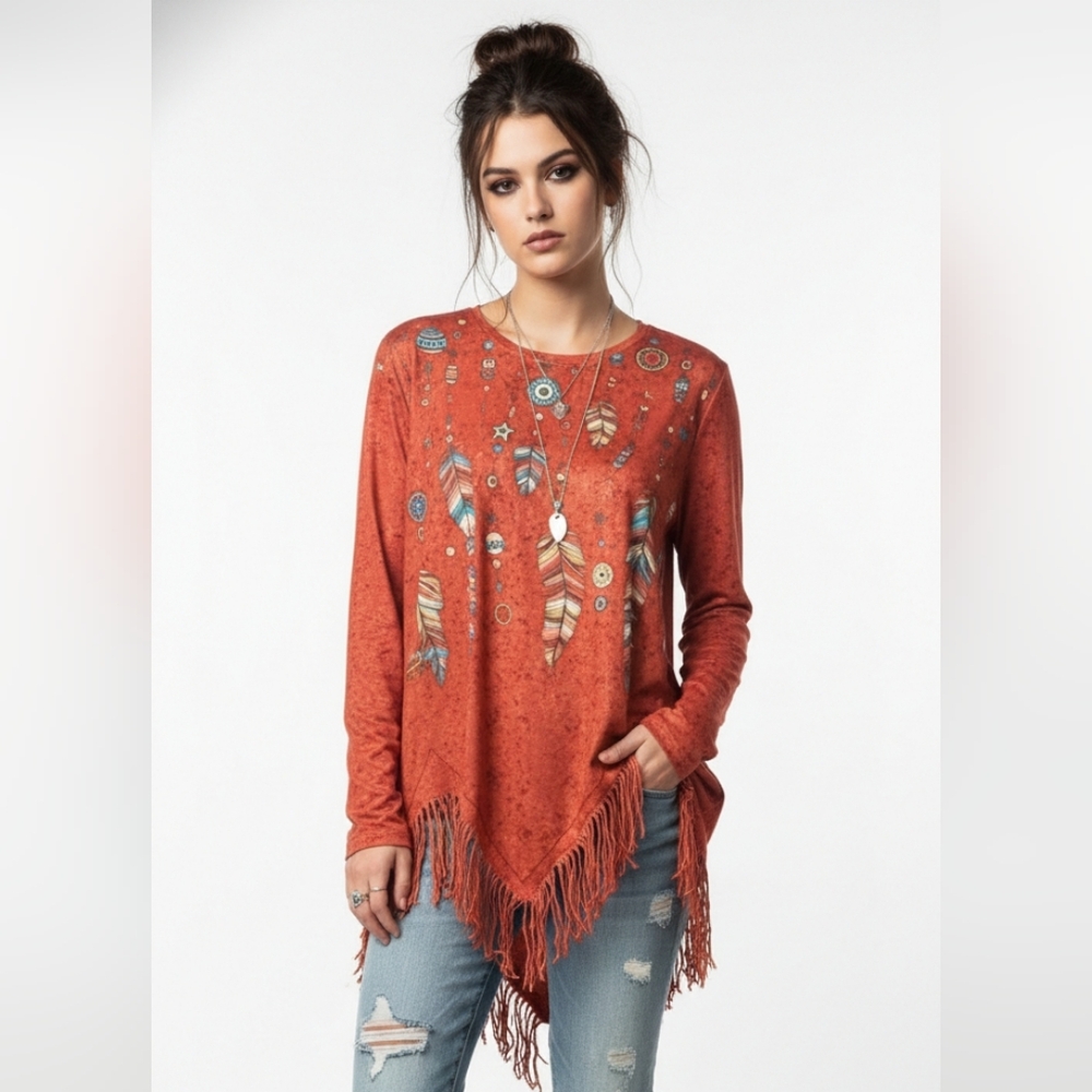 Chicyea Orange Southwestern Feather Fringed SharkBite Hem Tunic Top Size XL